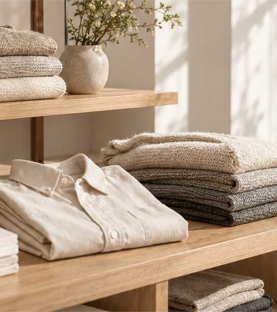 A warm boutique display of folded shirts and knitwear